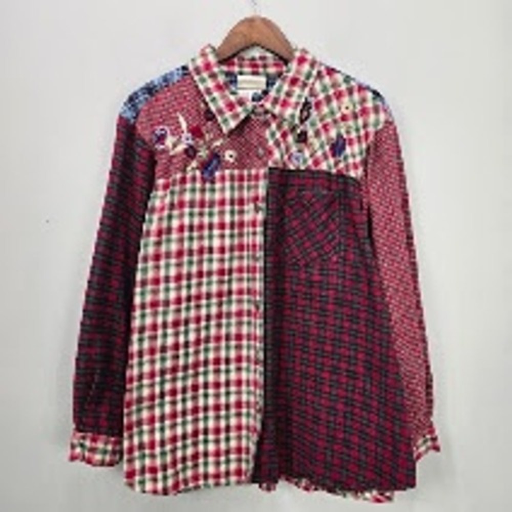 Coldwater Creek Button Down Top 3X Red Flannel Floral Embroidered Farm Country